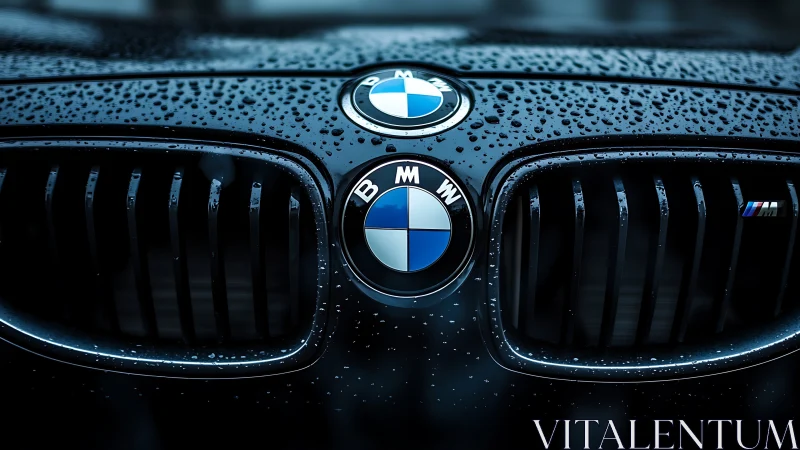 Rain-kissed BMW grille glowing in deep midnight blue.