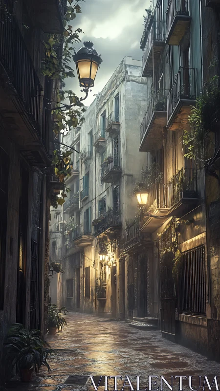 Narrow old street shows wet cobblestones and lit balconies