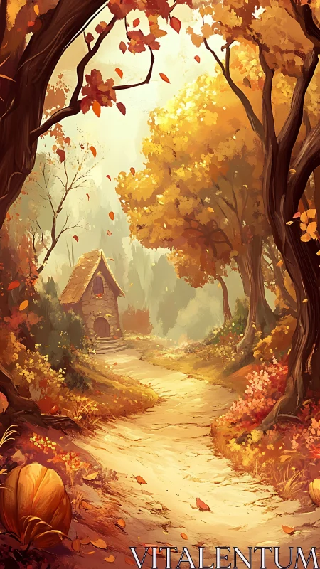 Autumn Forest Path with Cottage and Falling Leaves
