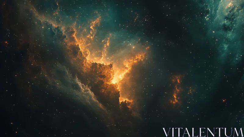 Fiery nebula cloud glows against deep emerald cosmic night