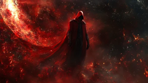 Crimson hooded wanderer walks calmly through cosmic fire