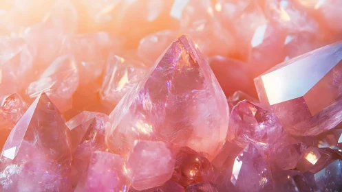 Iridescent rose quartz crystal cluster in warm sunrise glow.