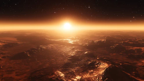 Red horizon hums as alien sunrise ignites rusted ridges