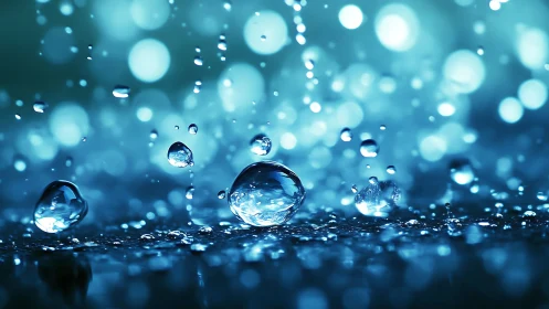 Glistening raindrop ballet on a glowing blue evening street.