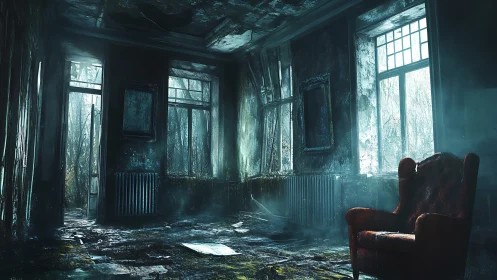 Decayed room surrounds solitary red armchair in cold light