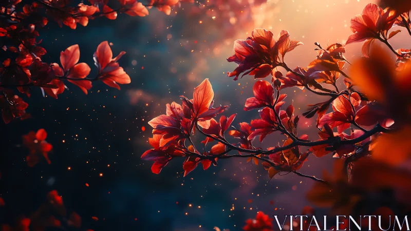 Crimson Petals Ignite: Luminous Flowers Dance in Fiery Twilight.