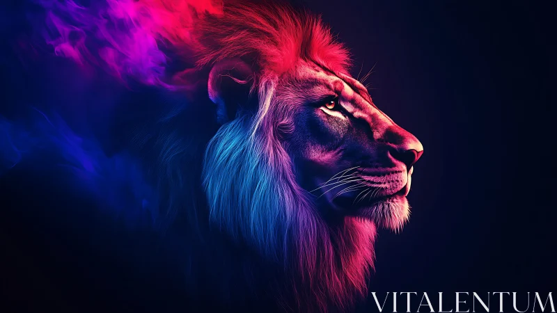 Neon side profile of lion head on dark gradient background.