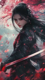 Female swordswoman in dark robe amid red petals and mist.