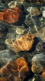 Refracted sunlight over fluvial cobbles in shallow streambed.