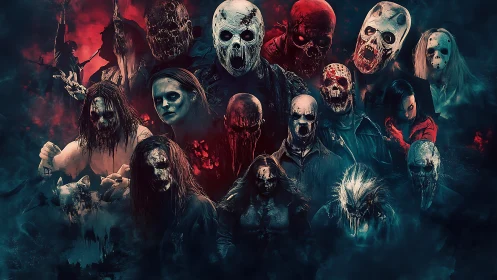 Horror collage of masked and decayed humanoid figures.