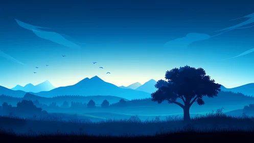 Deep blue sunrise over quiet hills and a solitary tree.