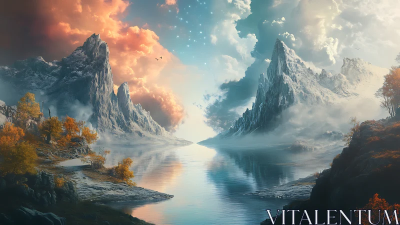 Dreamlike mountain lake glowing under sunrise clouds.