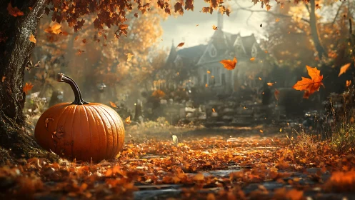 Pumpkin under tree in leaf covered autumn garden path scene.