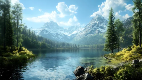 Mountain lake with conifer forest and distant snowy peaks.