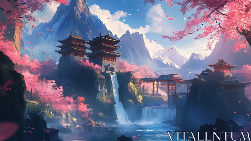 Mountain shrine complex with waterfalls and cherry blossoms at dawn