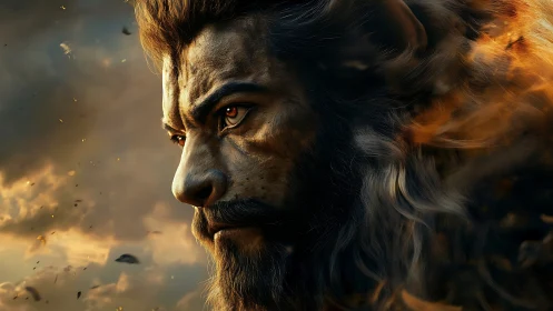 Lion-man hybrid portrait burns with stormlit intensity.