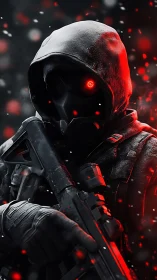 Hooded tactical operative with red cybernetic eye in snowfall
