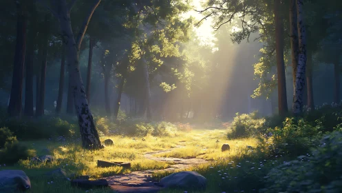 Enchanted Forest Path Glowing with Golden Light.