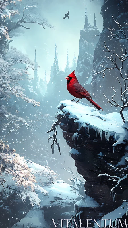 Scarlet cardinal crowns a frosted cliff in silent winter.