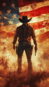 Lone cowboy stands proud before a blazing American flag