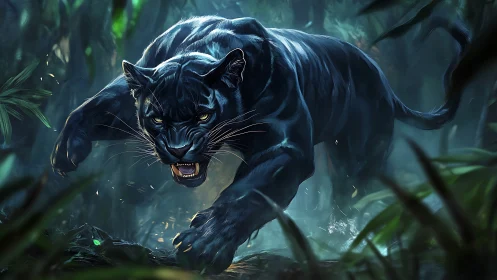 Black Panther Stalking Through Jungle Undergrowth.