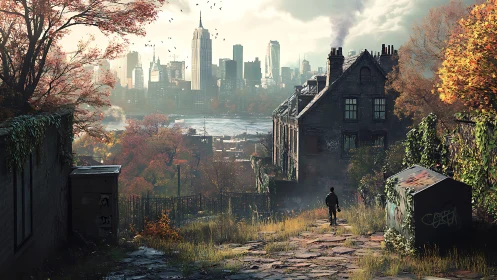 Man walks through overgrown ruins toward modern city skyline.