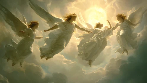 High-contrast celestial angels orbit radiant sunlit vortex