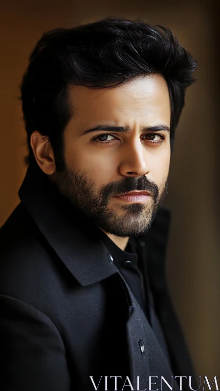 Serious bearded man in black coat under soft window light.