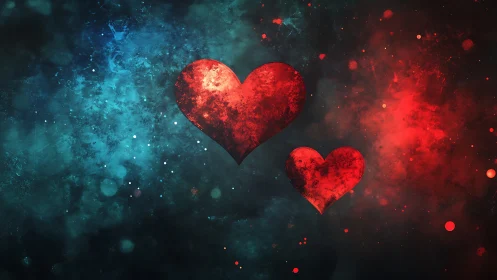 Glowing Red Hearts Against Cosmic Blue Background