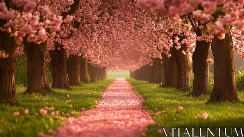 Blossom tunnel of springtime dreams along a rosy petal road.