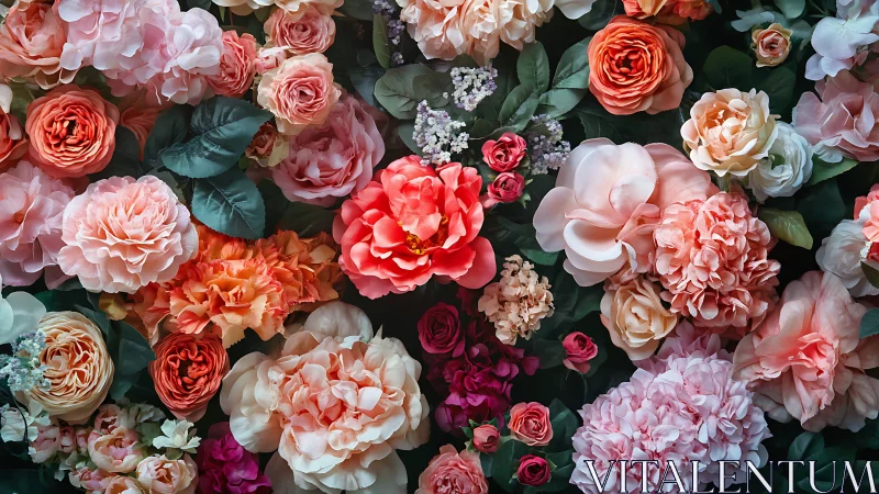 Dense Floral Arrangement with Multiple Rose Varieties and Foliage