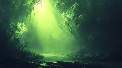 Luminous forest stream with radiant canopy light