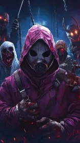 Hooded gasmask killer leading demonic horde in neon gloom.