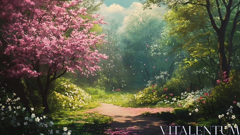 Enchanted Forest Path Through Blooming Spring Garden.