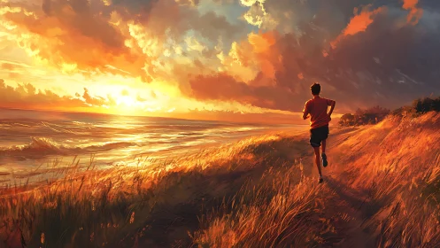 Dynamic coastal jogger under radiant sunset sky, digital art