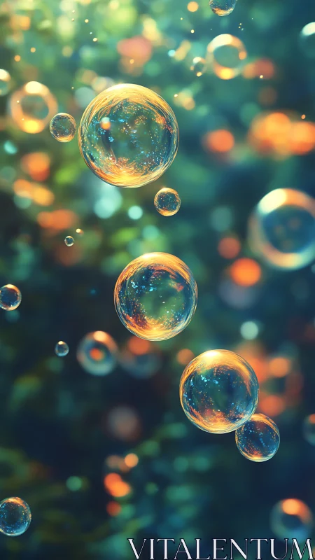Floating rainbow bubbles drift gently through dreamy light