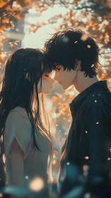 Quiet anime couple standing close under falling leaves.