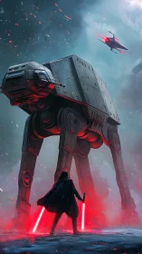 Crimson sabers stalk beneath a towering war walker.