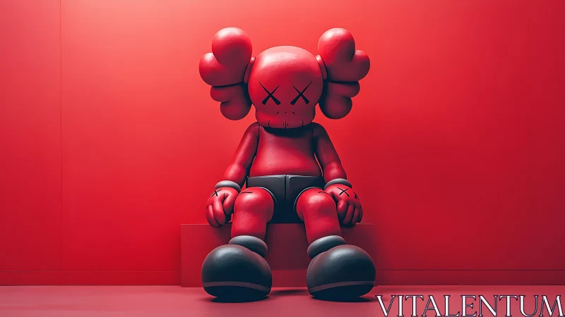 Monochrome red vinyl-style figure seated under soft diffuse lighting