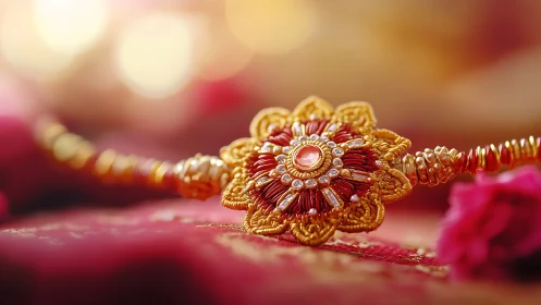 Golden rakhi bracelet glowing with festive warmth and love.