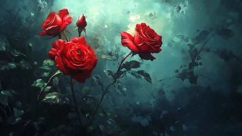 Red Roses Against Turquoise Decay. Digital Floral.
