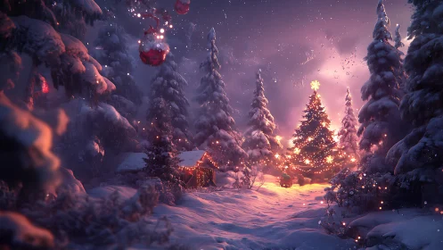 Snow-laden forest illuminates a glowing, decorated Christmas tree