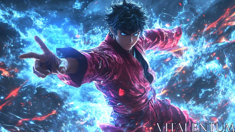 Martial hero channels electric blue energy in mid-strike.