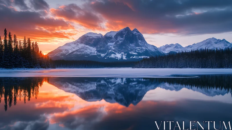 Alpine lake sunset reflection with snow capped mountain range