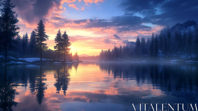 Snowy pine forest lake at calm colorful sunset reflection.