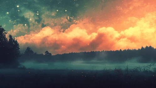 Moody forest horizon under glowing clouds and stars.