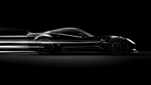Sleek black sports car surges through darkness with neon speed