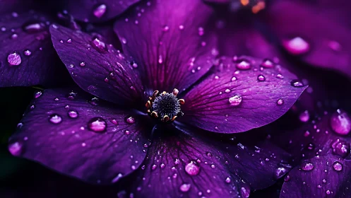 Purple Flower with Water Droplets in Macro Detail.