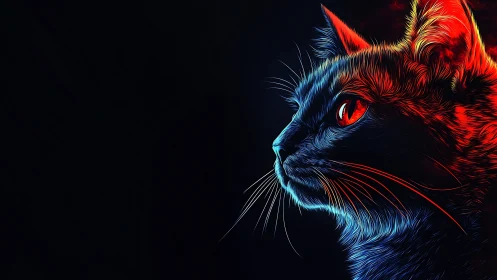 Neon Cat Face Profile with Vivid Red and Blue Lighting