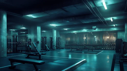 Calm midnight gym sanctuary glowing with cool blue light.
